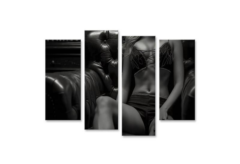 islandburner Leinwandbild, Frau auf schwarzem Leder Sofa von islandburner