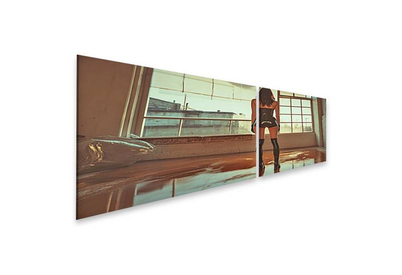 islandburner Leinwandbild, Frau im Latexkleid schaut aus dem Fenster von islandburner