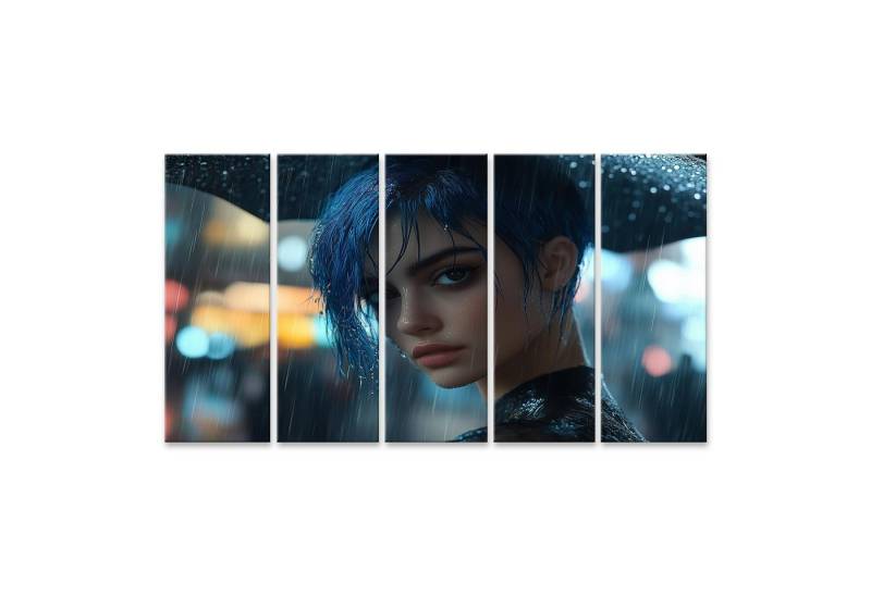 islandburner Leinwandbild, Frau im Regen mit blauem Haar von islandburner