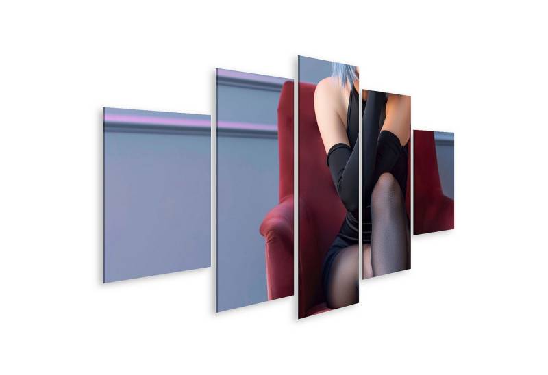 islandburner Leinwandbild, Frau in Nylons Strumpfhose mit blauen Haaren auf rotem Sessel von islandburner