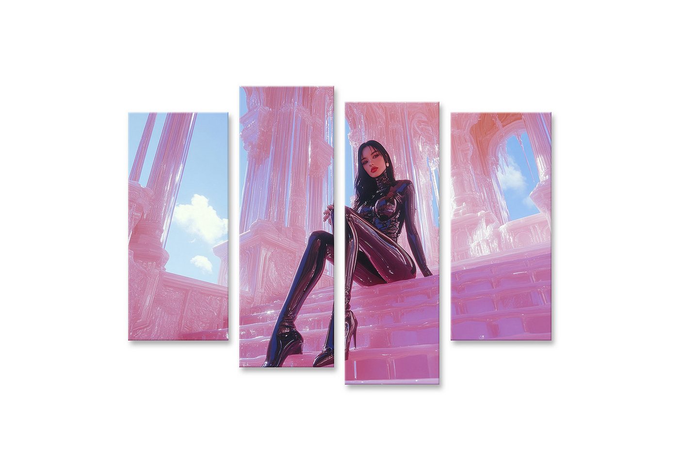 islandburner Leinwandbild, Frau in futuristischem Outfit auf rosa Treppe von islandburner