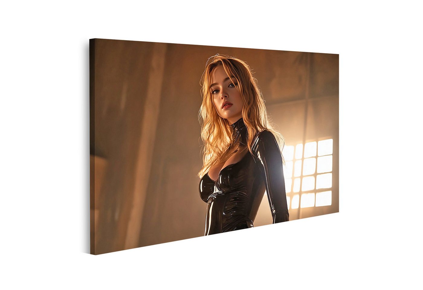 islandburner Leinwandbild, Frau in schwarzem Latexanzug vor Fenster islandburner Leinwandbild, Frau in schwarzem Latexanzug vor Fenster von islandburner