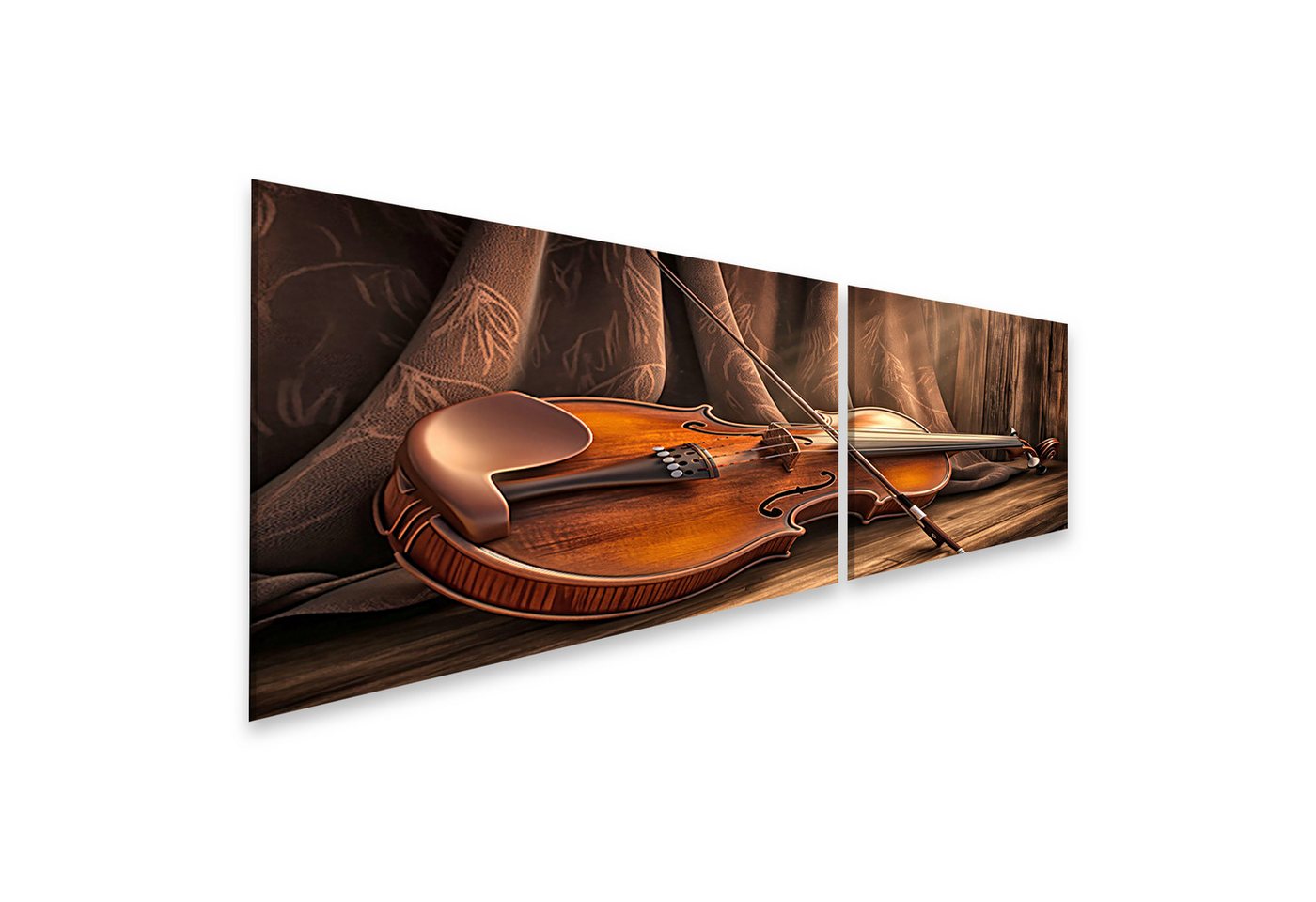 islandburner Leinwandbild, Geige auf Holztisch mit Vorhang im Hintergrund islandburner Leinwandbild, Geige auf Holztisch mit Vorhang im Hintergrund von islandburner