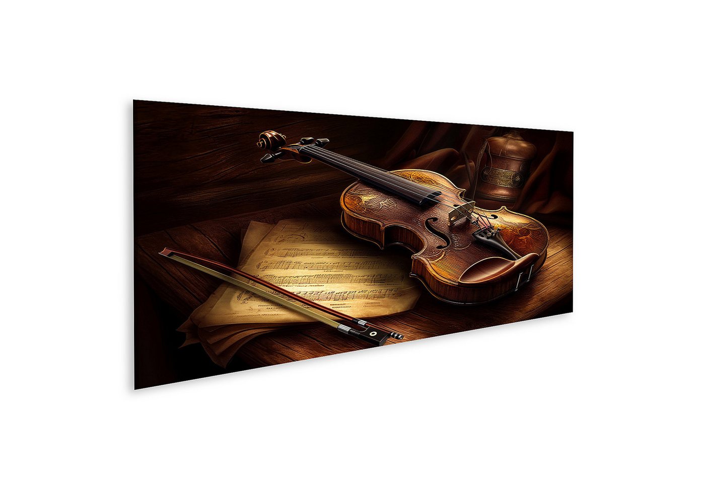 islandburner Leinwandbild, Geige mit Noten und alter Uhr auf Holztisch von islandburner