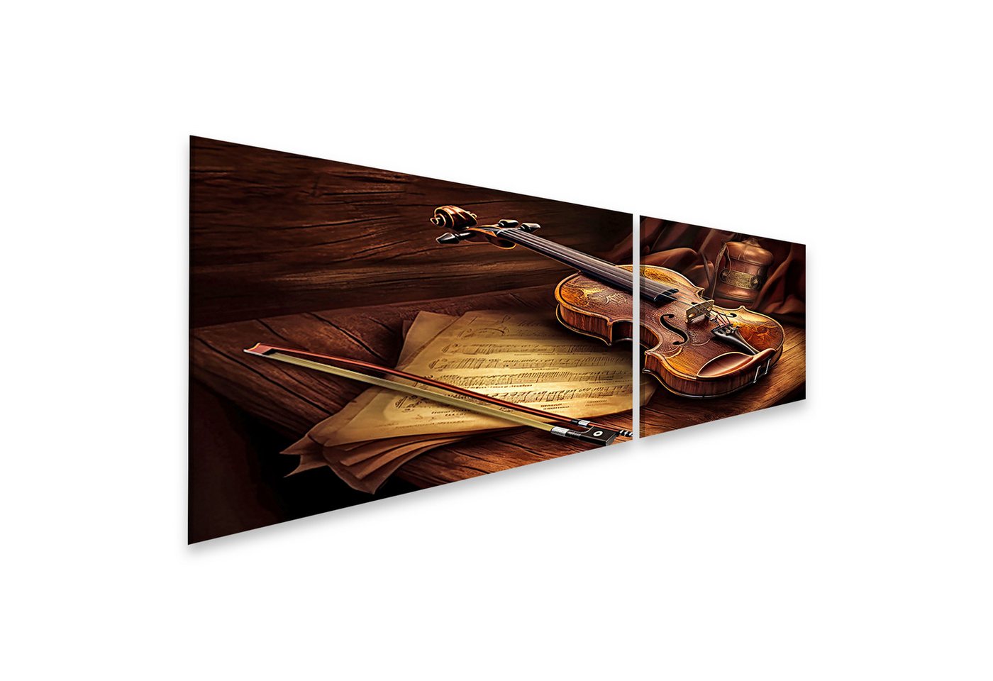 islandburner Leinwandbild, Geige mit Noten und alter Uhr auf Holztisch von islandburner
