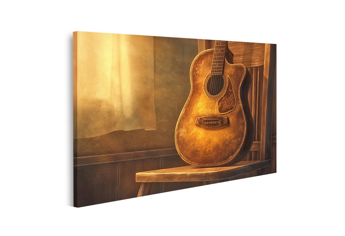 islandburner Leinwandbild, Gitarre im Sonnenlicht auf Holzstuhl von islandburner