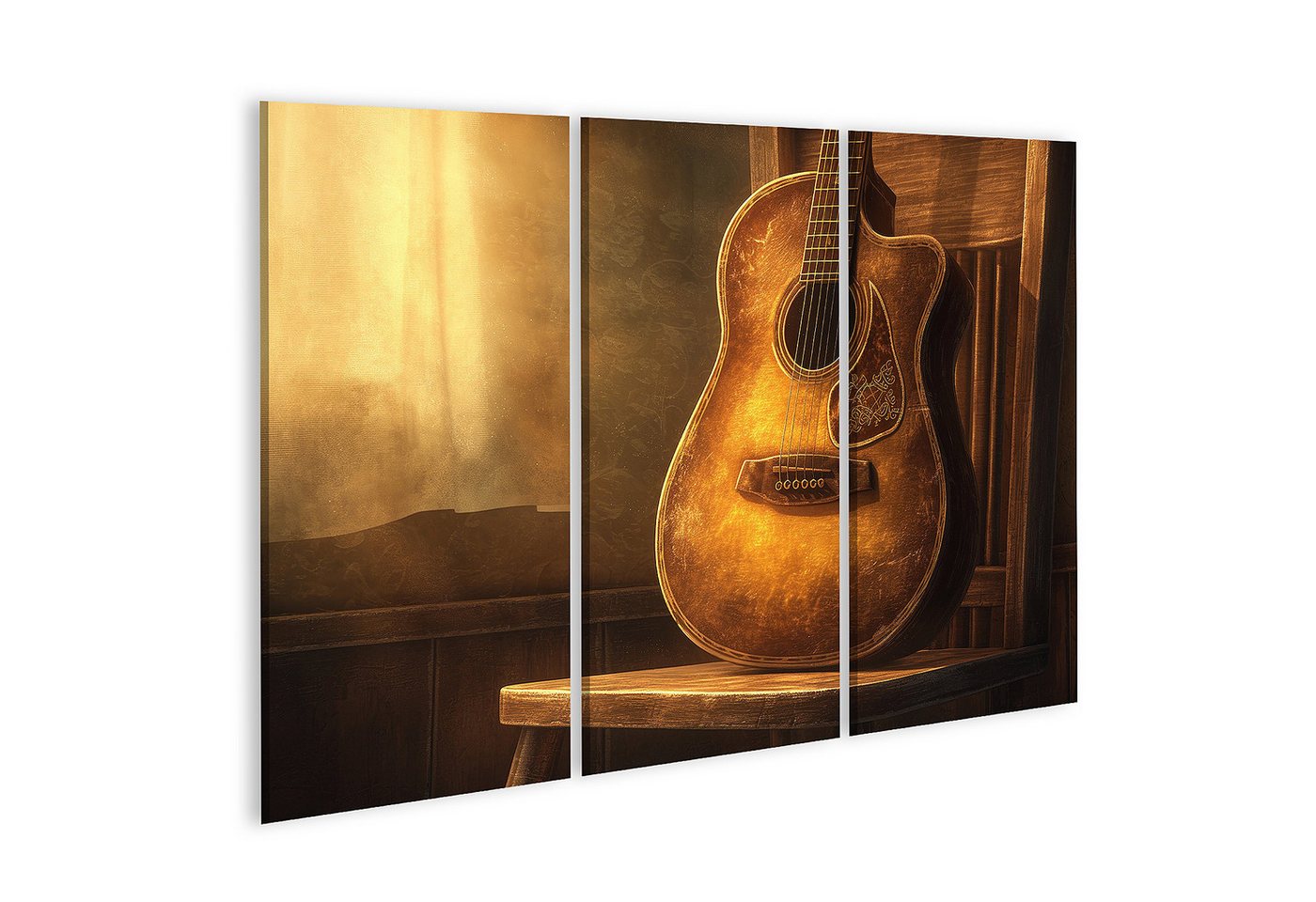 islandburner Leinwandbild, Gitarre im Sonnenlicht auf Holzstuhl von islandburner