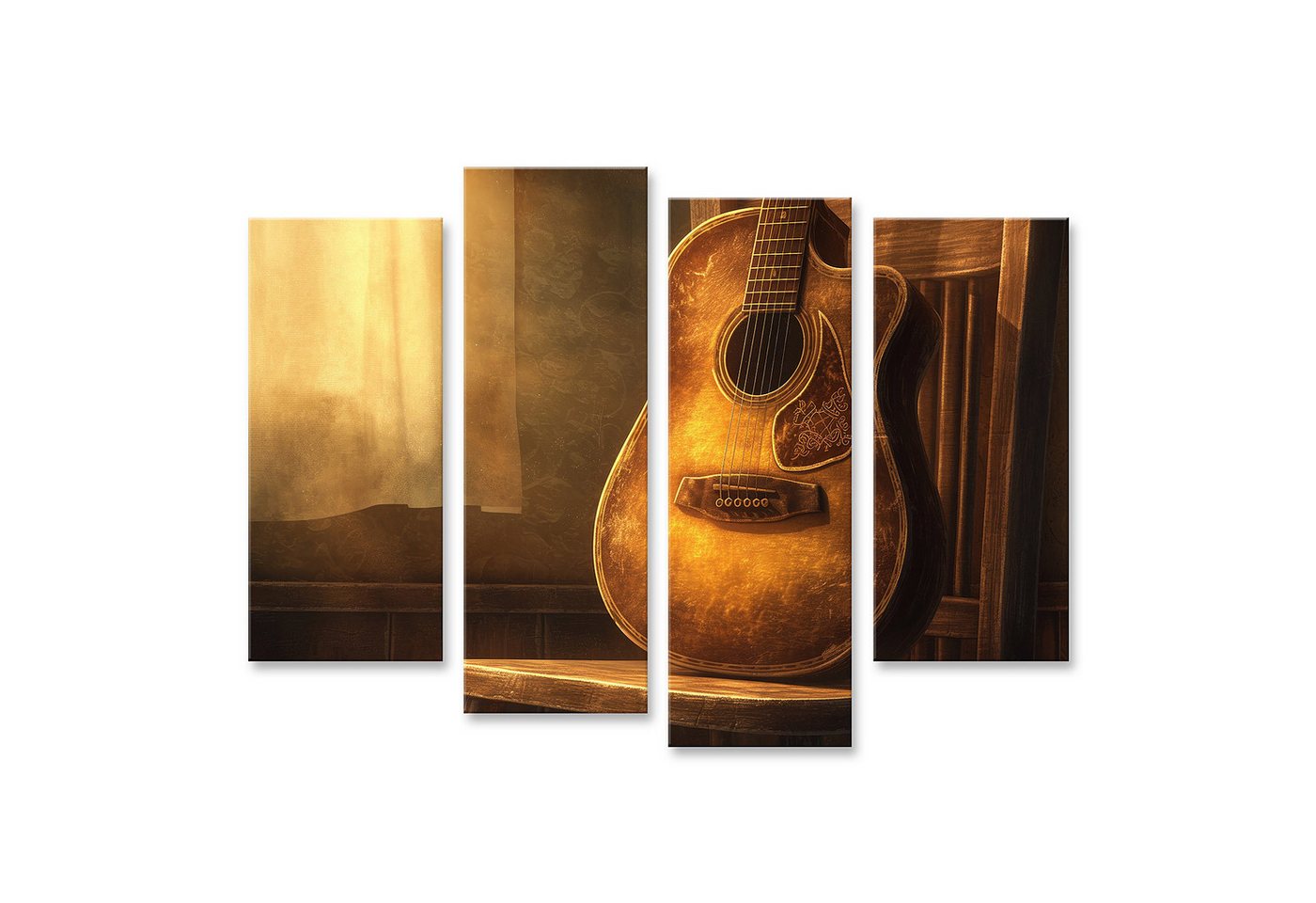 islandburner Leinwandbild, Gitarre im Sonnenlicht auf Holzstuhl von islandburner