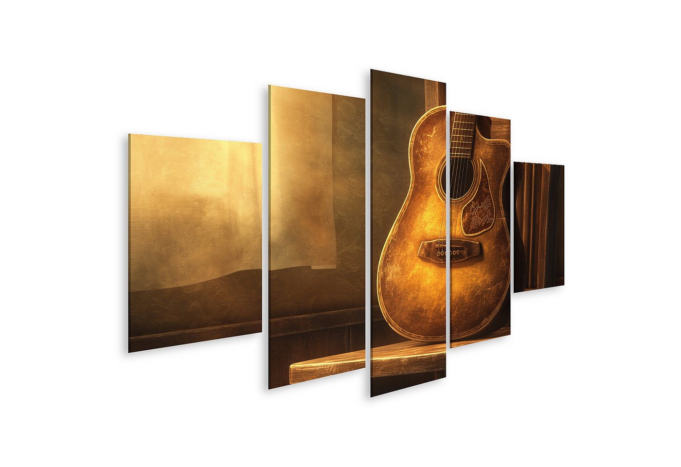 islandburner Leinwandbild, Gitarre im Sonnenlicht auf Holzstuhl von islandburner