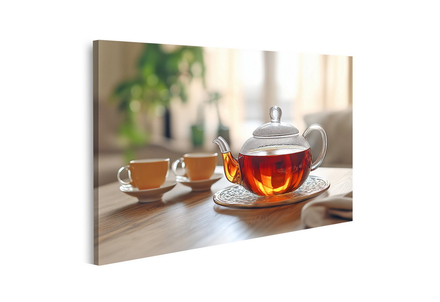 islandburner Leinwandbild, Glas Teekanne und Tassen auf Holztisch in hellem Zimmer islandburner Leinwandbild, Glas Teekanne und Tassen auf Holztisch in hellem Zimmer von islandburner