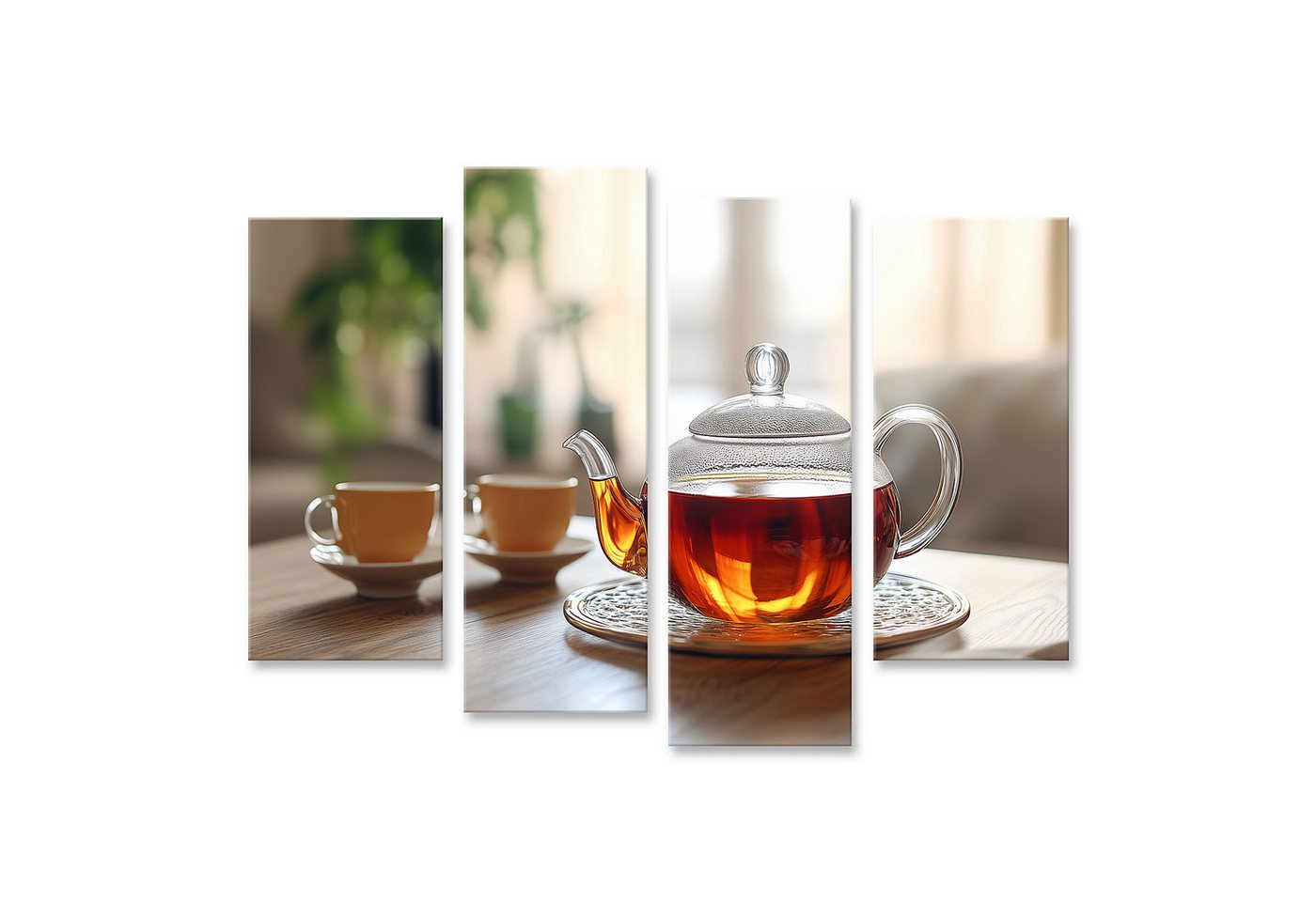 islandburner Leinwandbild, Glas Teekanne und Tassen auf Holztisch in hellem Zimmer islandburner Leinwandbild, Glas Teekanne und Tassen auf Holztisch in hellem Zimmer von islandburner