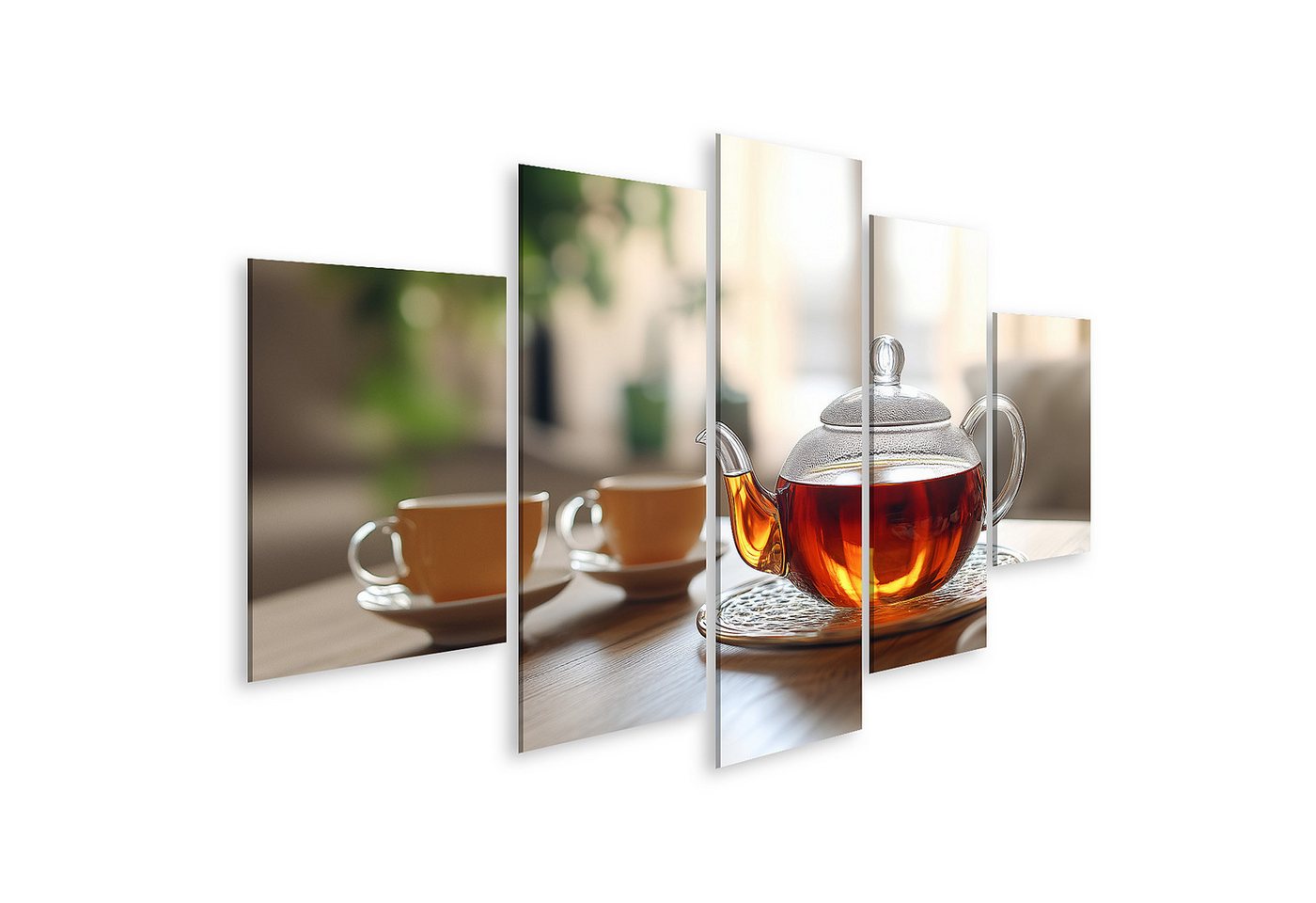 islandburner Leinwandbild, Glas Teekanne und Tassen auf Holztisch in hellem Zimmer islandburner Leinwandbild, Glas Teekanne und Tassen auf Holztisch in hellem Zimmer von islandburner