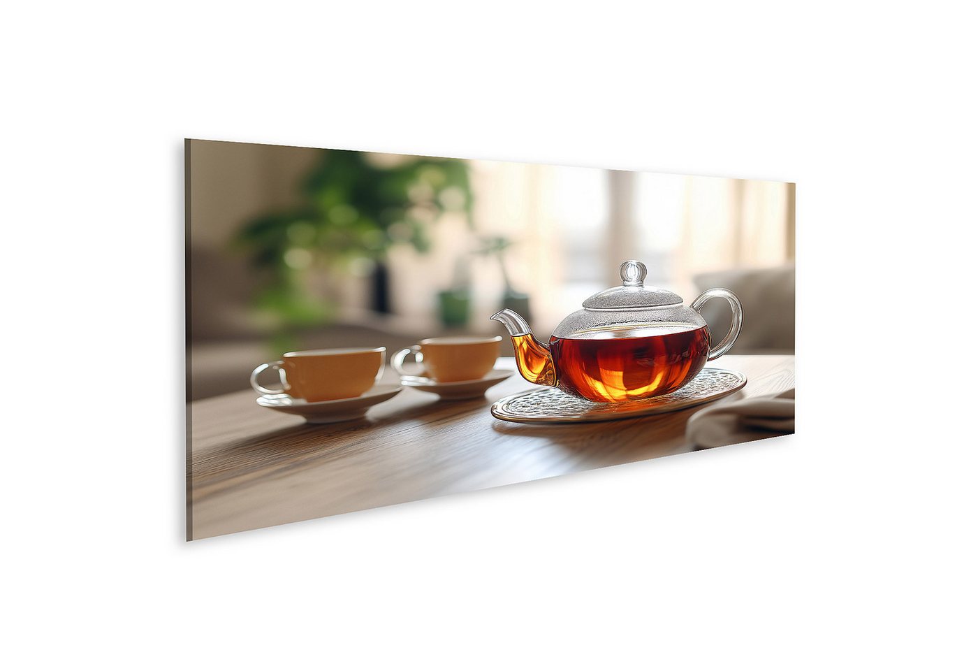 islandburner Leinwandbild, Glas Teekanne und Tassen auf Holztisch in hellem Zimmer islandburner Leinwandbild, Glas Teekanne und Tassen auf Holztisch in hellem Zimmer von islandburner