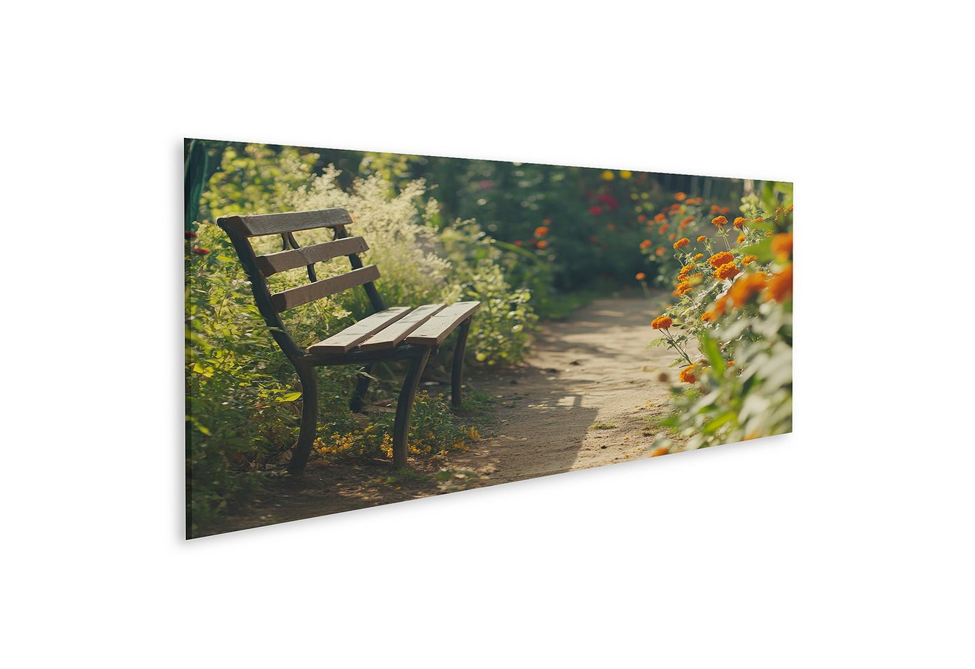 islandburner Leinwandbild, Idyllische Gartenbank umgeben von Blumen und Sonnenlicht islandburner Leinwandbild, Idyllische Gartenbank umgeben von Blumen und Sonnenlicht von islandburner