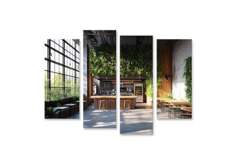 islandburner Leinwandbild, Industrielles Café mit grüner Wand und Holzelementen von islandburner