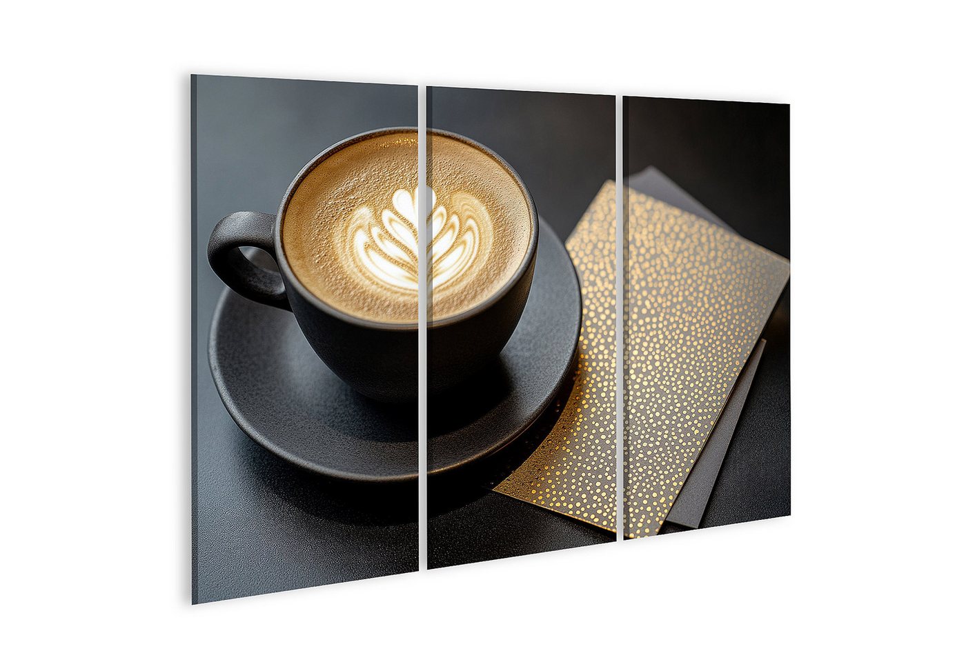 islandburner Leinwandbild, Kaffeetasse mit Latte Art und goldener Untersetzer islandburner Leinwandbild, Kaffeetasse mit Latte Art und goldener Untersetzer von islandburner