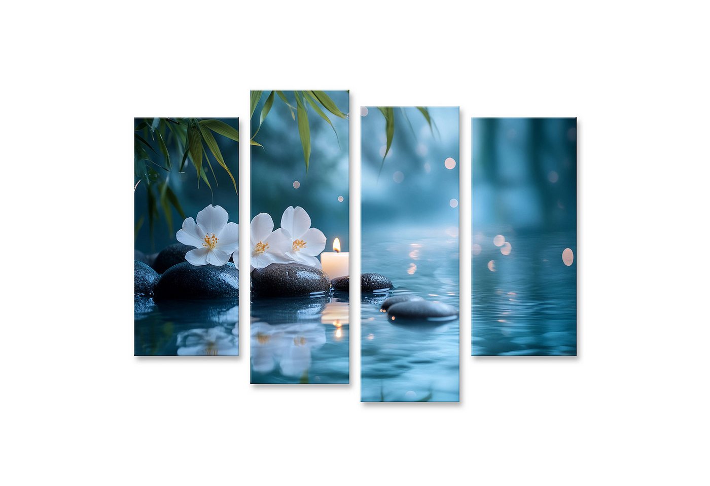 islandburner Leinwandbild, Kerze und Blumen auf Steinen bei friedlichem Wasser islandburner Leinwandbild, Kerze und Blumen auf Steinen bei friedlichem Wasser von islandburner