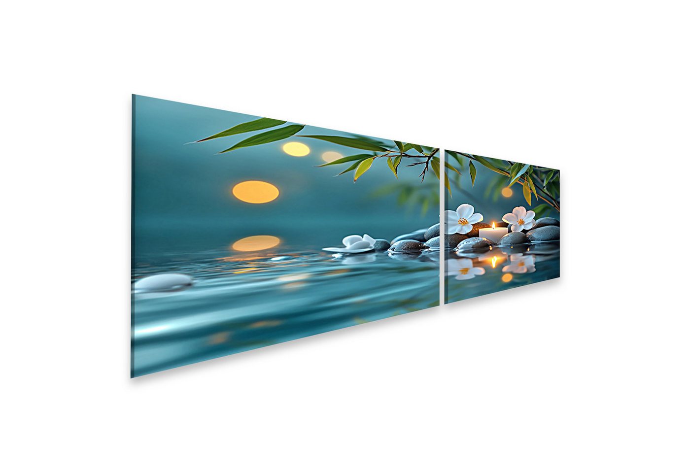 islandburner Leinwandbild, Kerzen und Blumen auf Wasser bei Dämmerung islandburner Leinwandbild, Kerzen und Blumen auf Wasser bei Dämmerung von islandburner