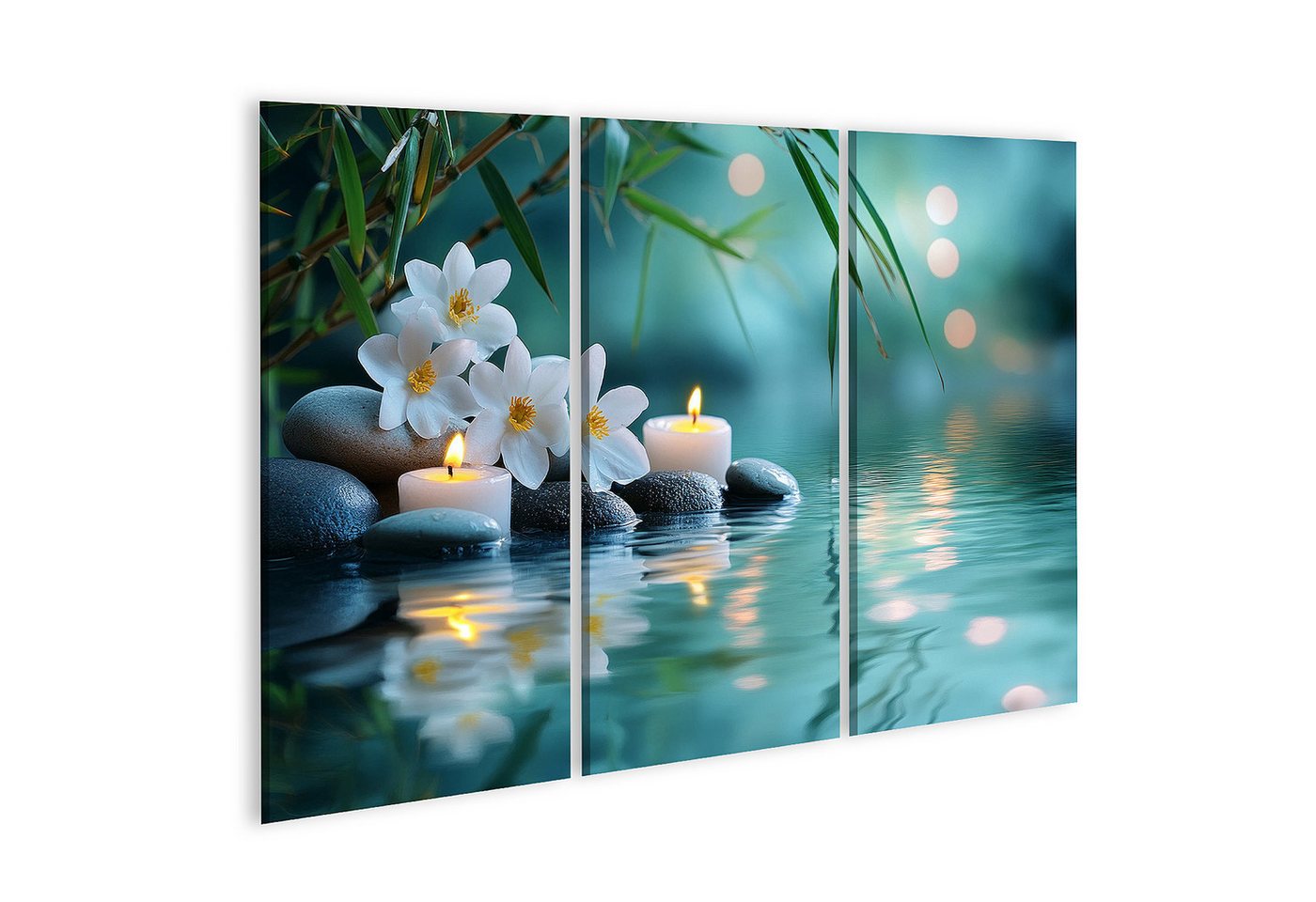 islandburner Leinwandbild, Kerzen und Blumen auf Wasser mit Steinen und Bambus islandburner Leinwandbild, Kerzen und Blumen auf Wasser mit Steinen und Bambus von islandburner
