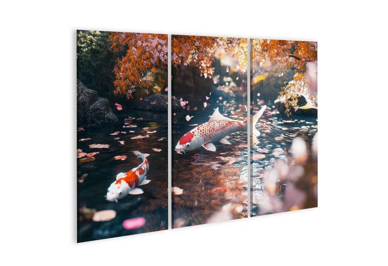 islandburner Leinwandbild, Koi Fische in einem herbstlichen Teich mit fallenden Blättern von islandburner
