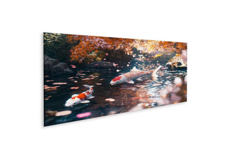 islandburner Leinwandbild, Koi Fische in einem herbstlichen Teich mit fallenden Blättern von islandburner