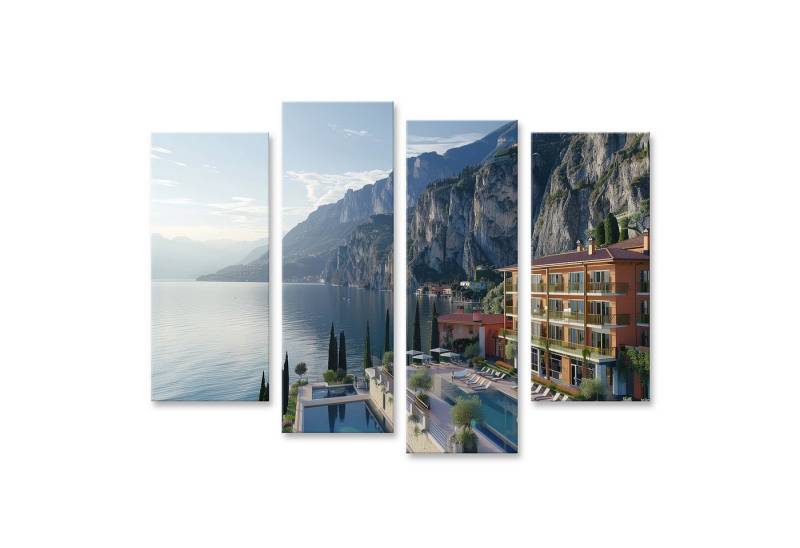 islandburner Leinwandbild, Luxushotel am See mit Bergblick in der Morgensonne von islandburner