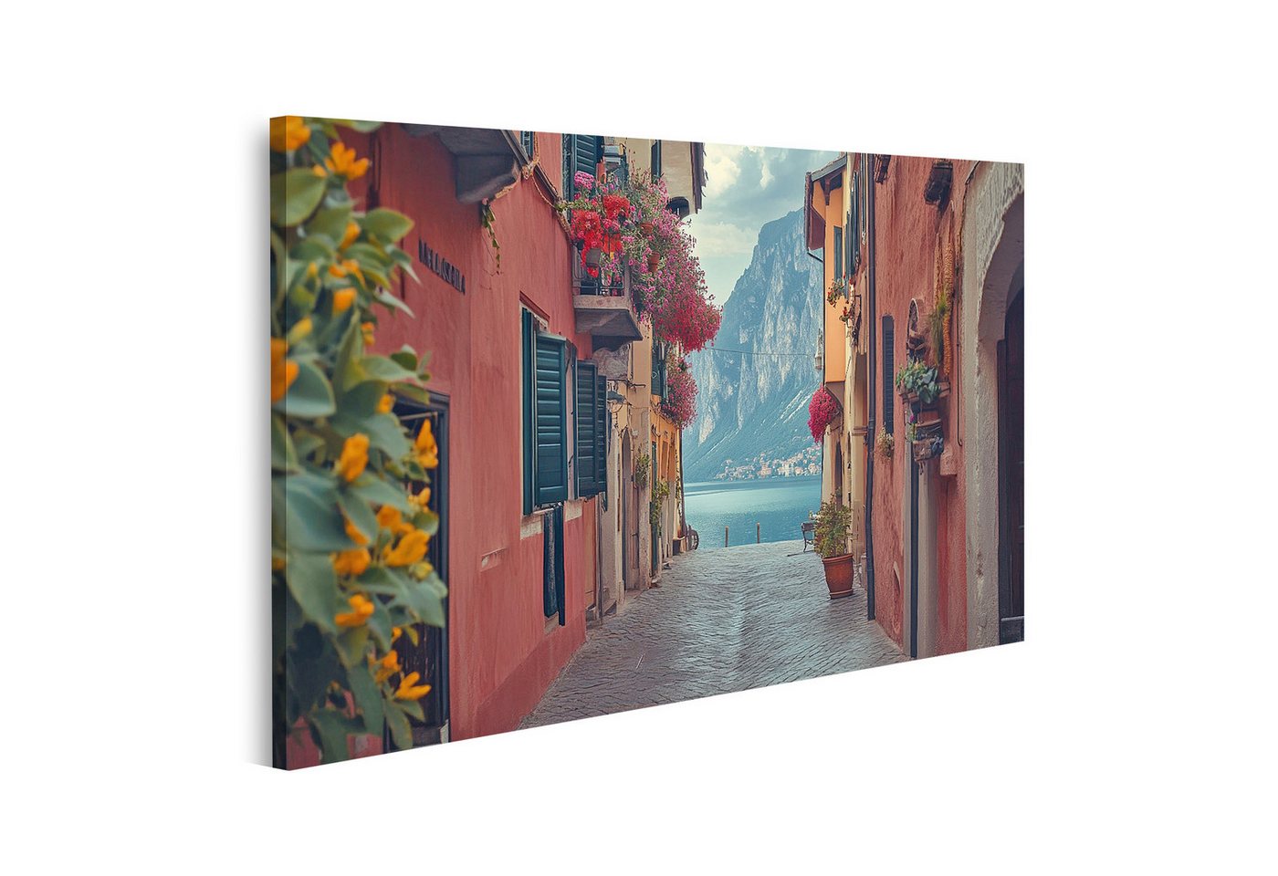 islandburner Leinwandbild, Malerische Gasse am See mit Blumen und Bergen von islandburner