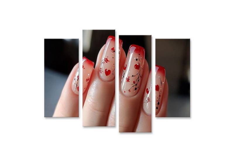 islandburner Leinwandbild, Rote und klare Nägel mit Blumen und Herzen Design von islandburner