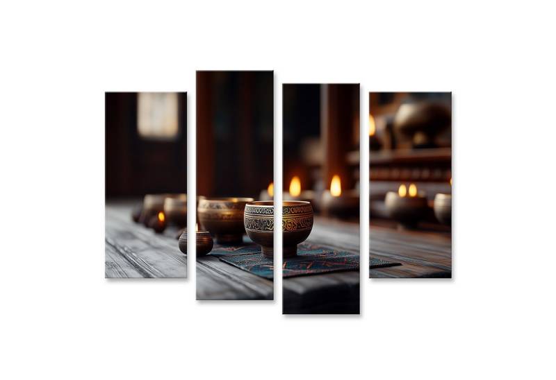 islandburner Leinwandbild, Stimmungsvolle Kerzen und tibetische Schalen in einem Zen Raum von islandburner