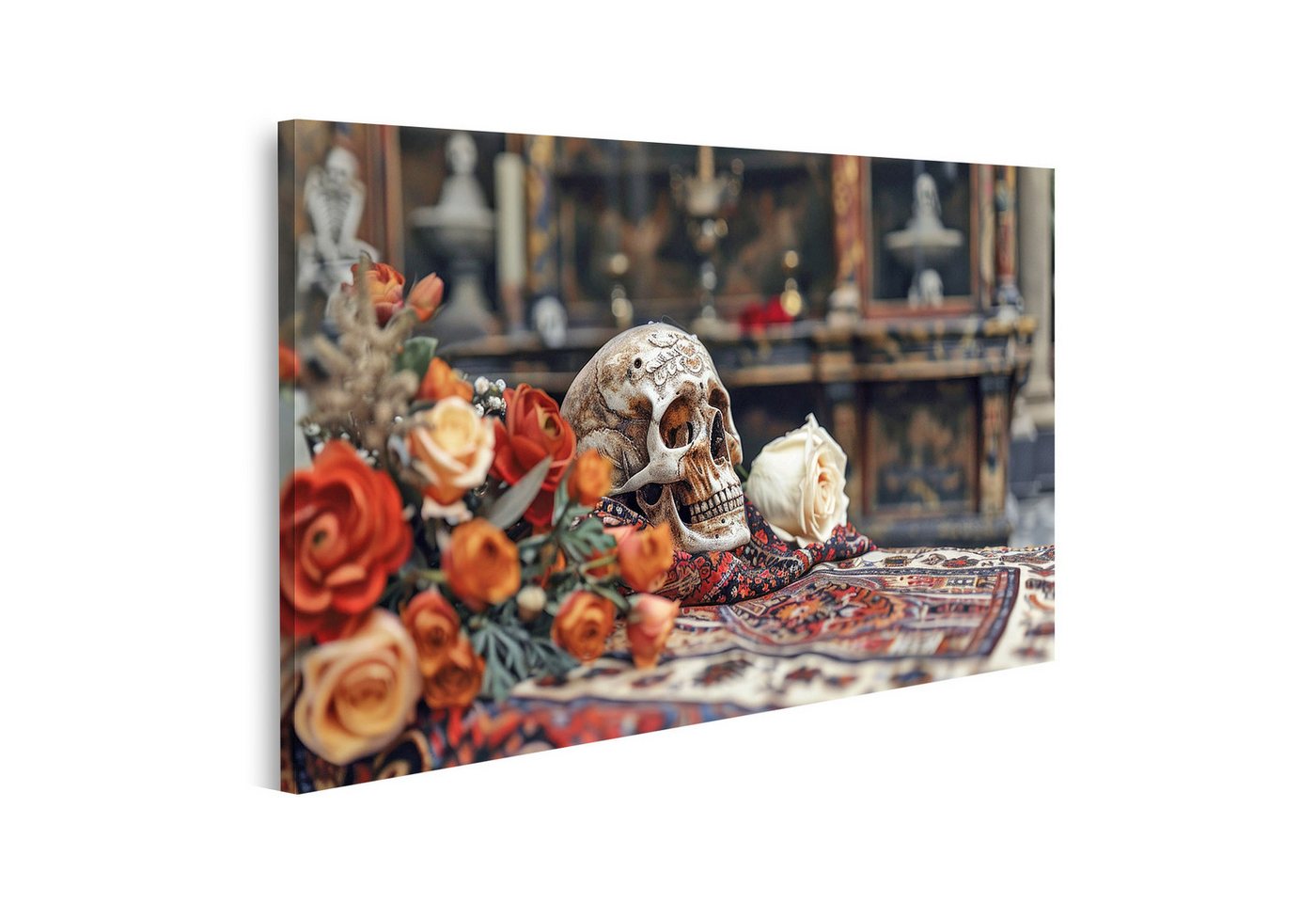 islandburner Leinwandbild, Verzierter Schädel mit Rosen auf Teppich von islandburner