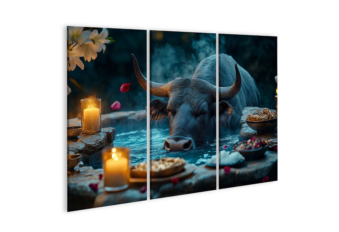 islandburner Leinwandbild, Wasserbüffel im mystischen Licht mit Kerzen islandburner Leinwandbild, Wasserbüffel im mystischen Licht mit Kerzen von islandburner