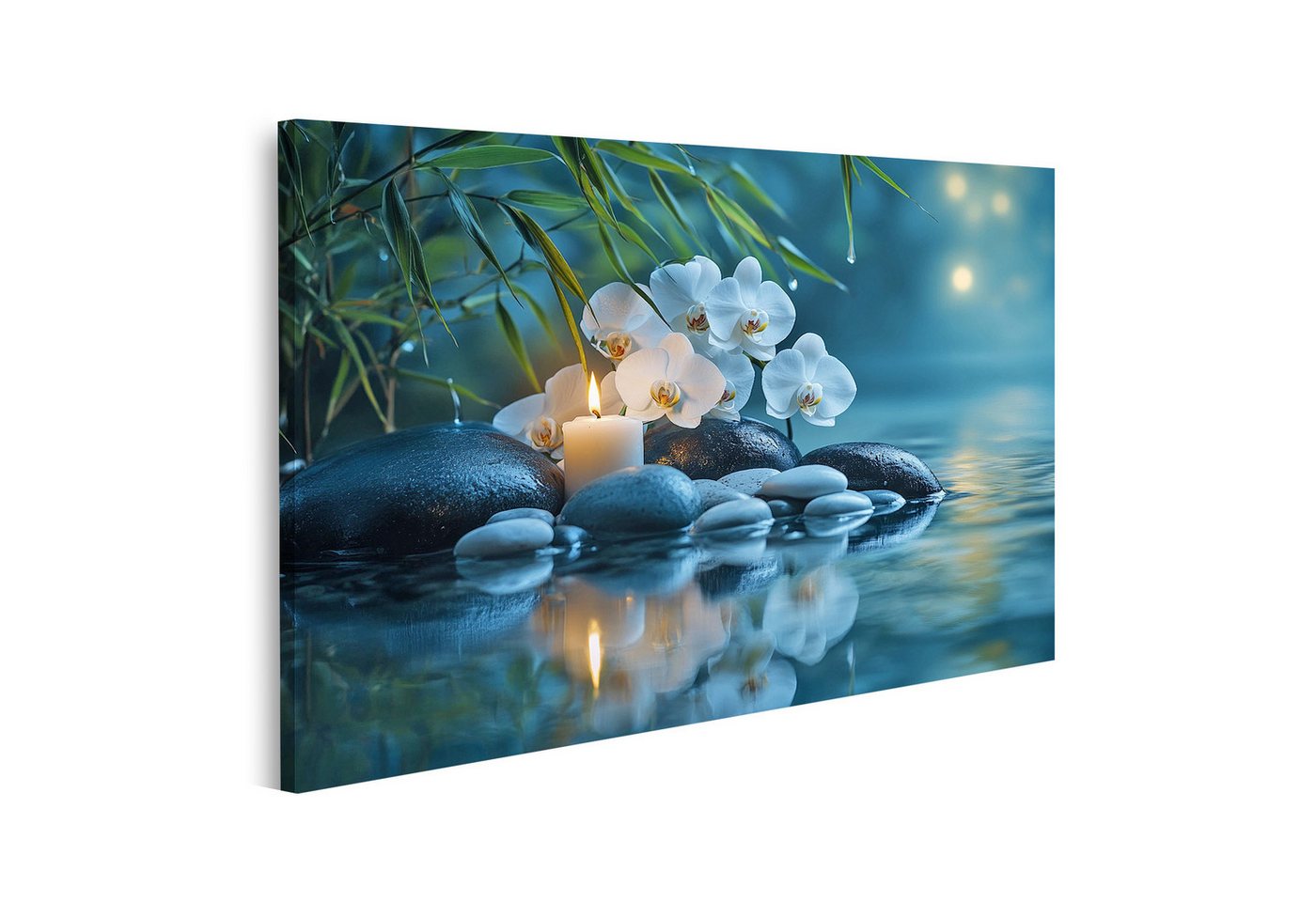 islandburner Leinwandbild, Weiße Orchideen und Kerze am Wasser islandburner Leinwandbild, Weiße Orchideen und Kerze am Wasser von islandburner
