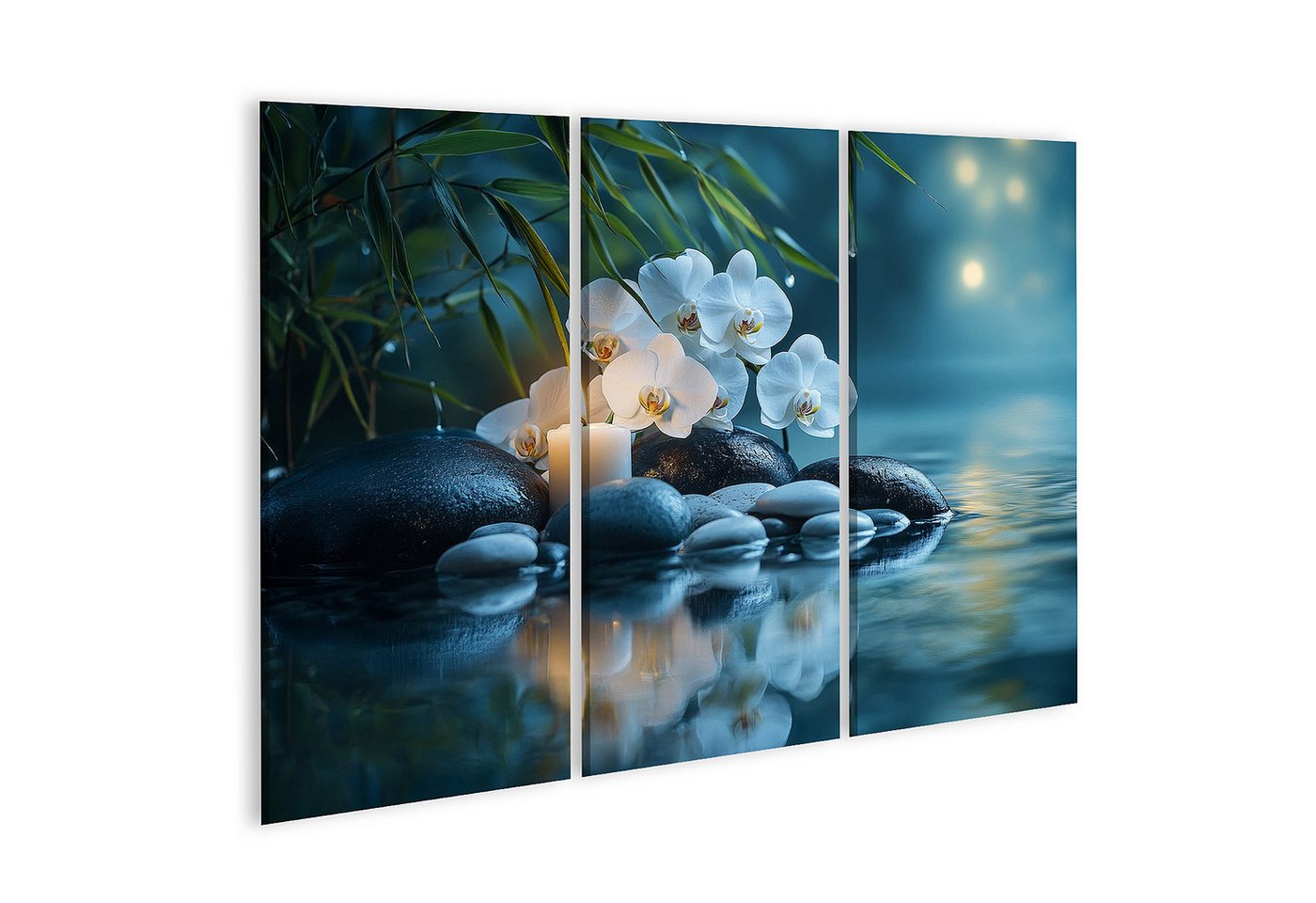 islandburner Leinwandbild, Weiße Orchideen und Kerze am Wasser von islandburner