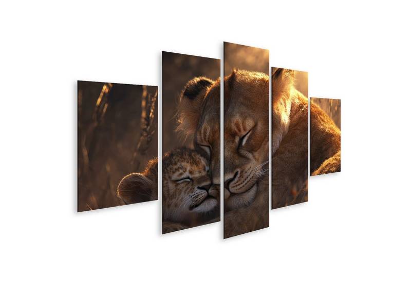 islandburner Leinwandbild, Zärtliche Löwenmutter mit Jungem in der Dämmerung von islandburner