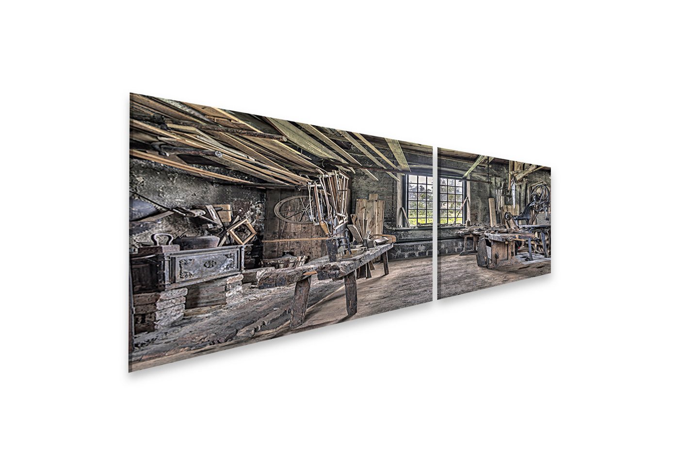 islandburner Leinwandbild Alte Werkstatt mit Holz und Werkzeugen im Sonnenlicht Wandbild islandburner Leinwandbild Alte Werkstatt mit Holz und Werkzeugen im Sonnenlicht Wandbild von islandburner