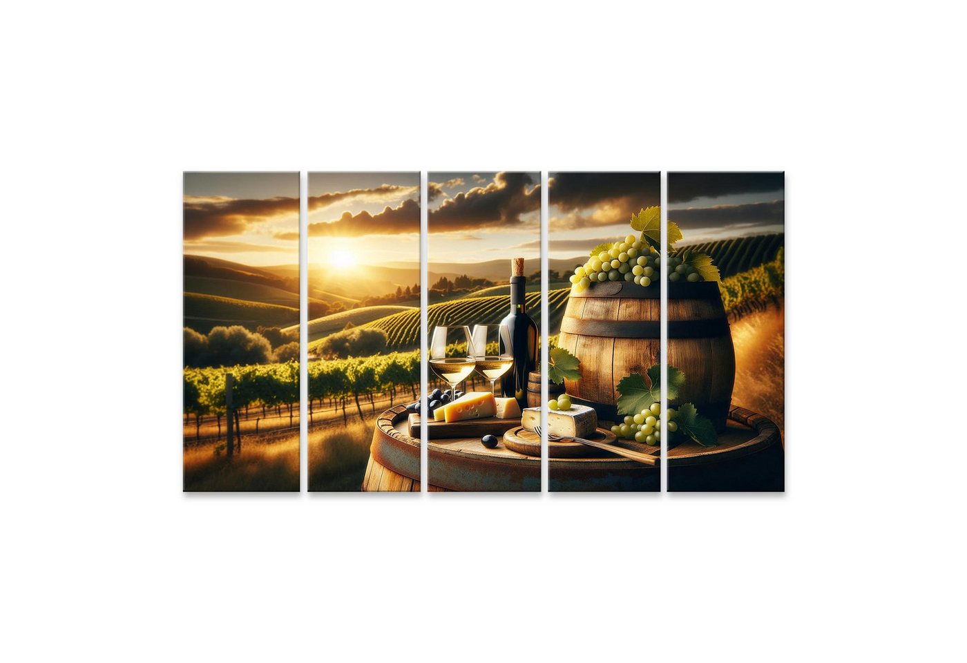 islandburner Leinwandbild Altes Holzfass als Tisch üppiger Weinberg in der Toskana islandburner Leinwandbild Altes Holzfass als Tisch üppiger Weinberg in der Toskana von islandburner