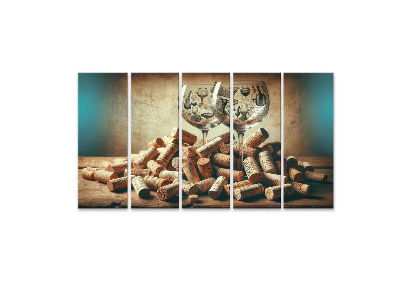 islandburner Leinwandbild Antike Weingläser und Korken auf hölzernem Hintergrund von islandburner