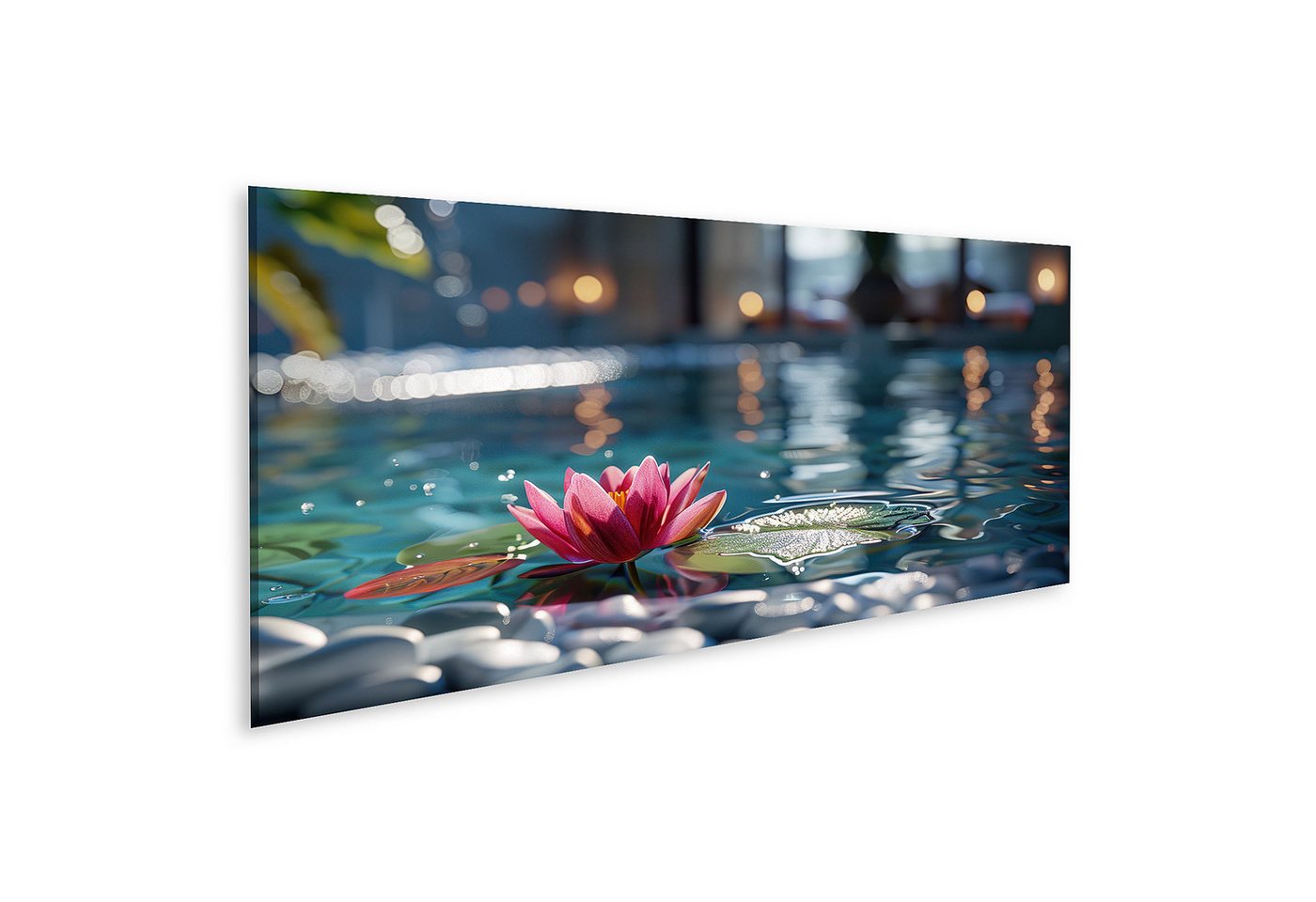 islandburner Leinwandbild Beruhigende Spa-Szenerie mit Zen-Stein und Seerosen im stillen Pool Ma islandburner Leinwandbild Beruhigende Spa-Szenerie mit Zen-Stein und Seerosen im stillen Pool Ma von islandburner