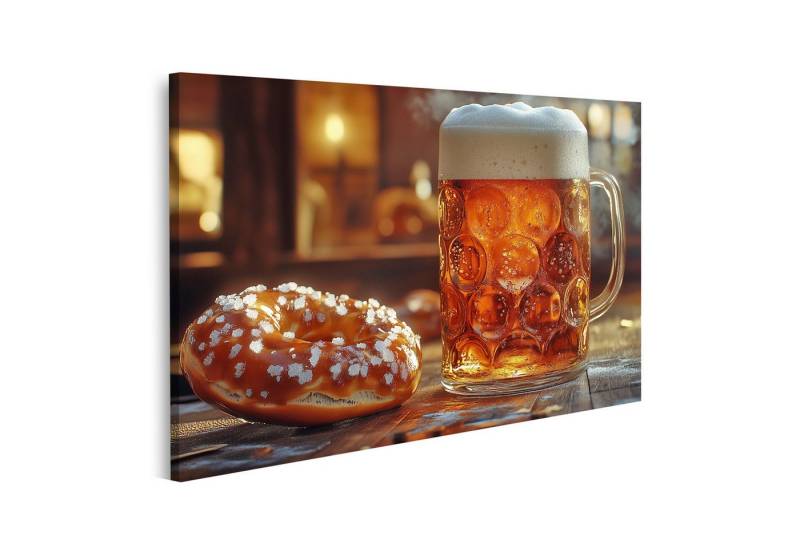 islandburner Leinwandbild Bierkrug und Brezel auf Holztisch Abendlicht von islandburner