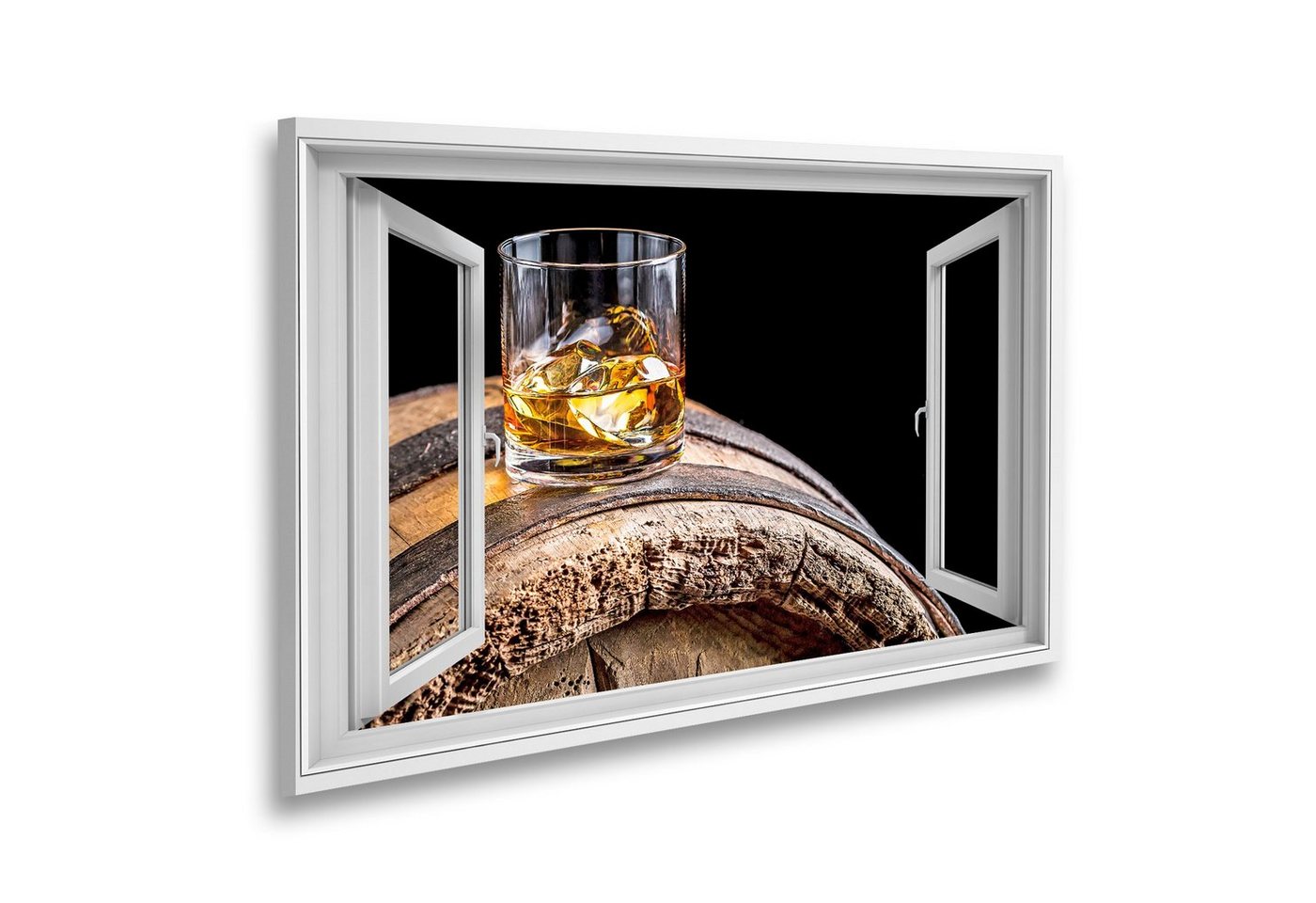 islandburner Leinwandbild Fensterblick Glas Whisky mit EIS auf altem Holzfass Sagenhafter Effekt von islandburner