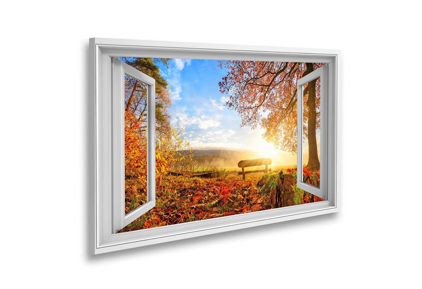 islandburner Leinwandbild Fensterblick Herbstlandschaft mit der Sonne, die eine Bank unter einem von islandburner