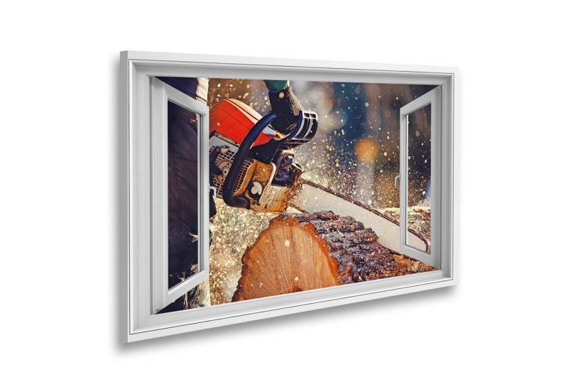islandburner Leinwandbild Fensterblick Kettensäge Holzfäller sägt Baum mit Kettensäge auf Sägewe von islandburner