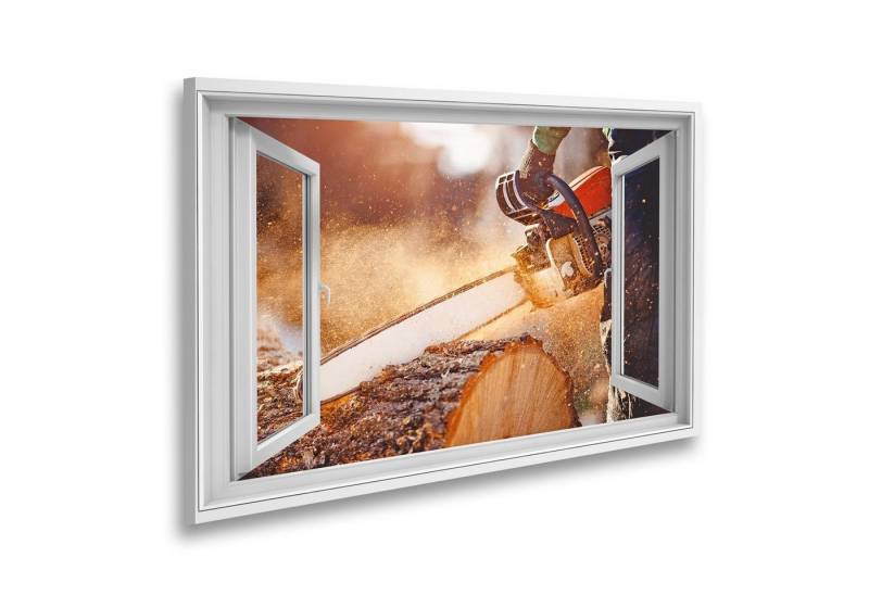 islandburner Leinwandbild Fensterblick Kettensäge Kettensäge in Bewegung Holz schneiden Mann sch von islandburner