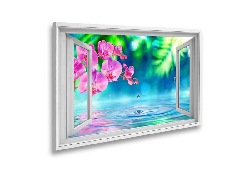 islandburner Leinwandbild Fensterblick Orchidee im Zen Garten mit Tröpfchen am Teich Sagenhafter von islandburner