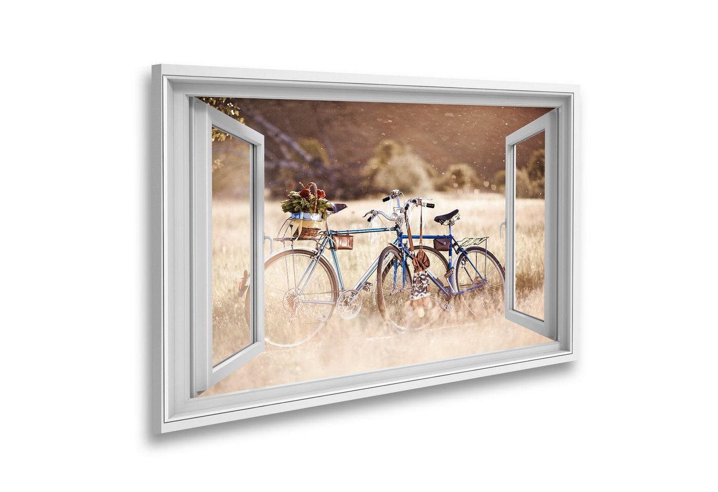 islandburner Leinwandbild Fensterblick Wunderschönes Landschaftsbild mit Fahrrad und Blume bei S von islandburner