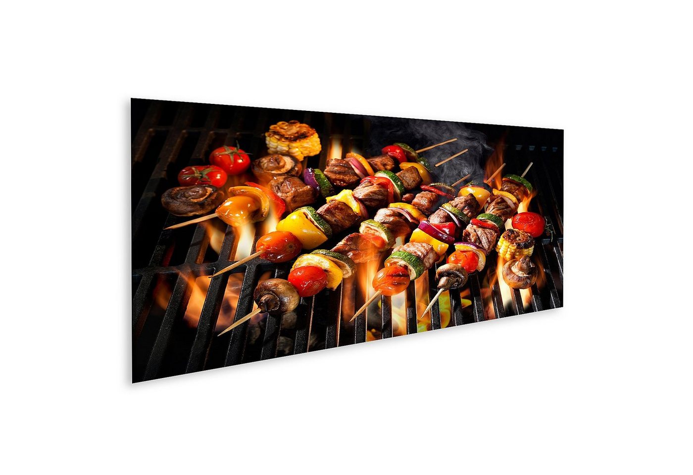 islandburner Leinwandbild Bild auf Leinwand Fleischspieße Gemüse Flammender Grill Grillspieße Wa von islandburner