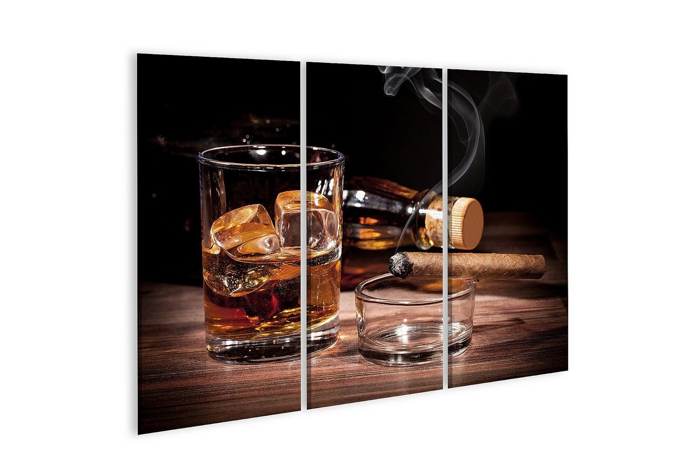 islandburner Leinwandbild Bild auf Leinwand Glas Whiskey und eine Zigarre auf schwarzem Hintergr von islandburner