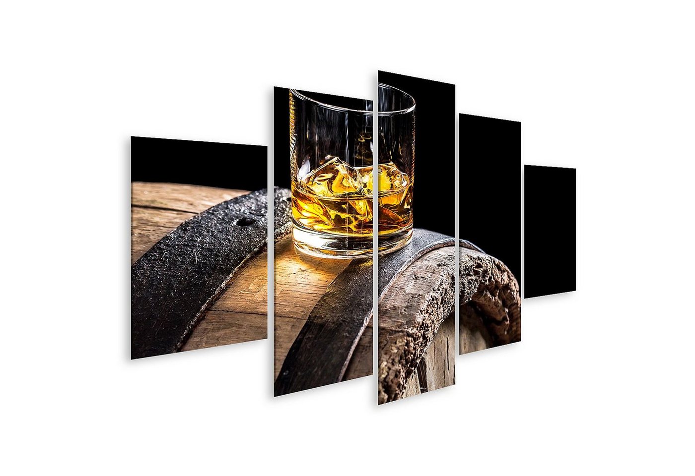 islandburner Leinwandbild Bild auf Leinwand Glas Whisky mit Eis auf altem Eichenholzfass Wandbil von islandburner