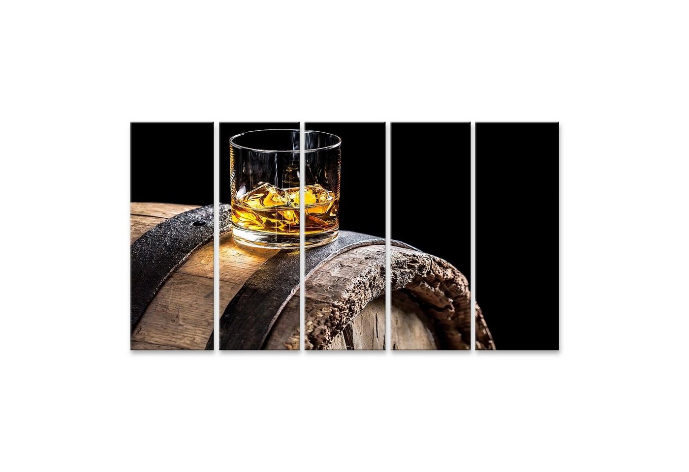 islandburner Leinwandbild Bild auf Leinwand Glas Whisky mit Eis auf altem Eichenholzfass Wandbil von islandburner