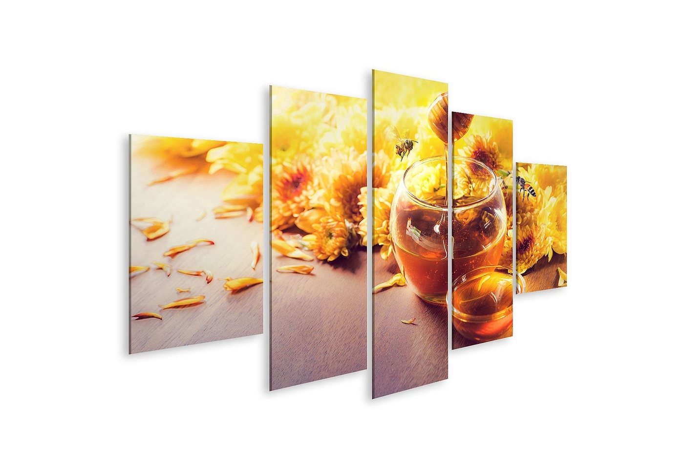 islandburner Leinwandbild Bild auf Leinwand Honig Glas Glas Biene Fliegen Blumen Holzboden Honig von islandburner